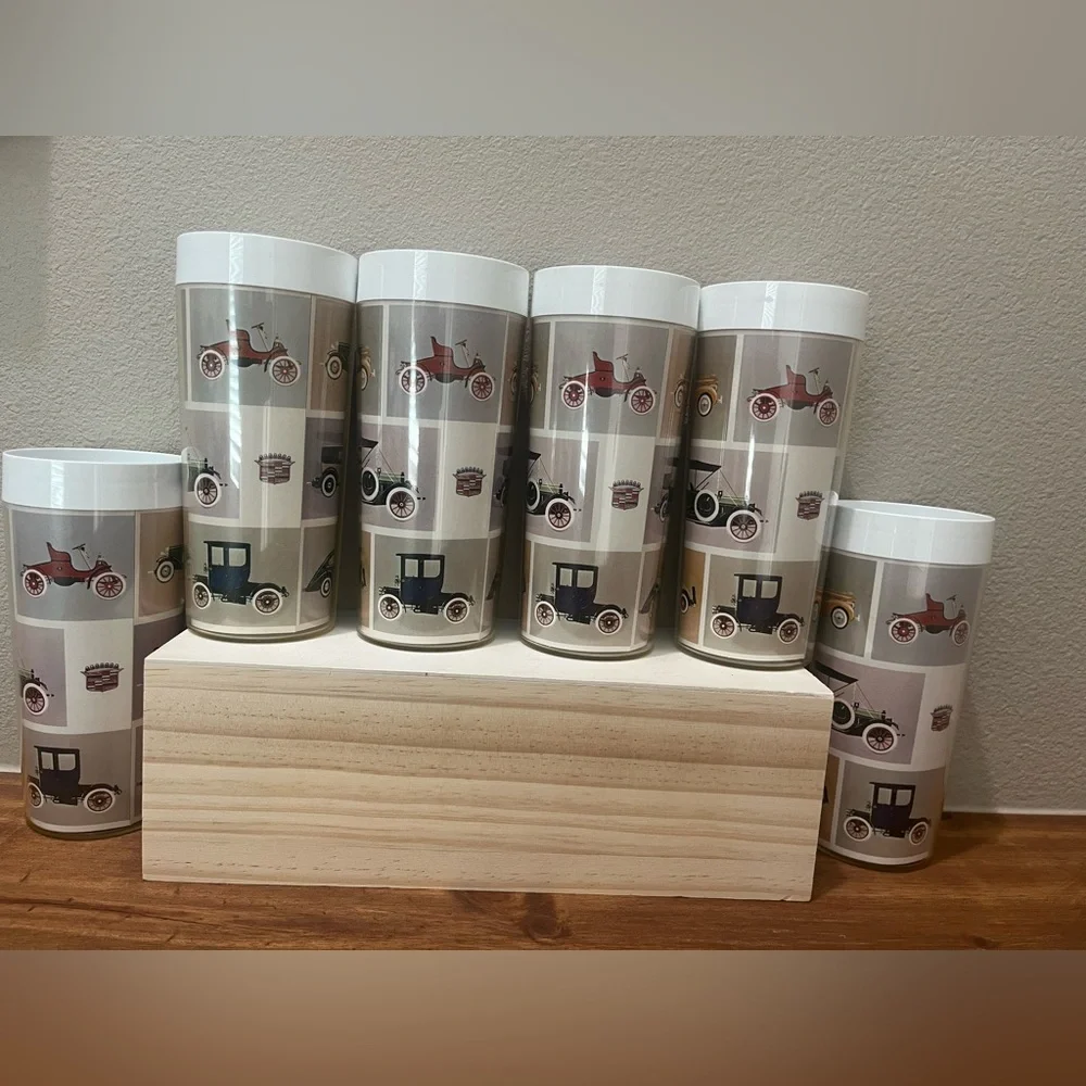 Vintage Rare Set- 6 West Bend Thermo-Serv Cadillac Cars Insulated Tumblers Auto